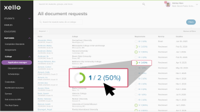 The All document requests page in Xello. The cursor is clicking on a student's progress wheel marked as 1/2 (50%) completed